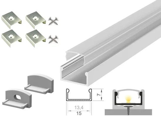 (15mm x 7mm) 1 Metre Surface Aluminium LED Profile P4-1 C/W Clips, End Caps & Clear Cover
