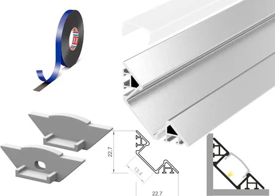(22.7mm x 22.7mm) 2 Metre Surface Mounted Corner LED Profile P7-1 C/W Clips, End Caps & Opal Cover