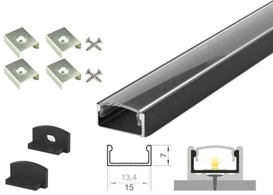 (15mm x 7mm) 2 Metre Surface Black LED Profile P4-1 C/W Clips, End Caps & Clear Cover