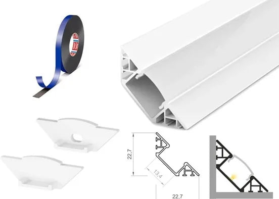 (22.7mm x 22.7mm) 1 Metre Surface Mounted Corner White LED Profile P7-1 C/W Clips, End Caps & Opal Cover