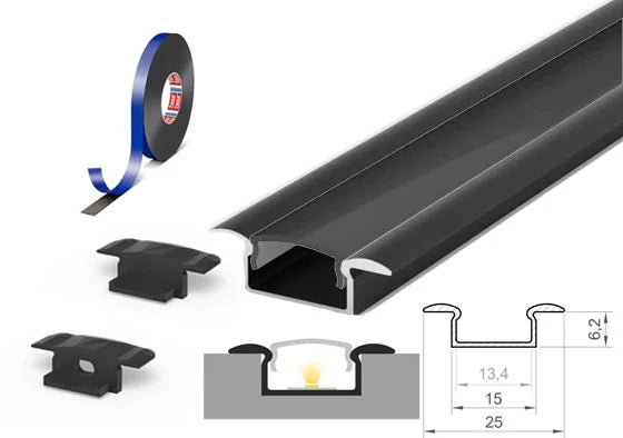 (15mm x 6.2mm) 2 Metre Recessed Black LED Profile P6-1 C/W Clips, End Caps & Black Cover