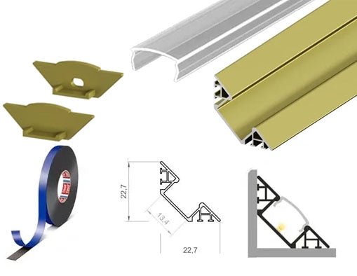 (22.7mm x 22.7mm) 2 Metre Corner Mounted Gold/Brass LED Profile P7-1 C/W Clips, End Caps & Clear Cover