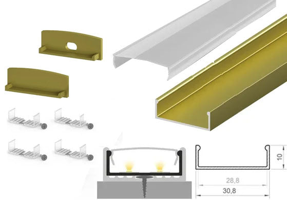 (30.8mm x 10mm) 2 Metre Surface Mounted Gold/Brass LED Profile P13-1 C/W Clips, End Caps & Opal Cover