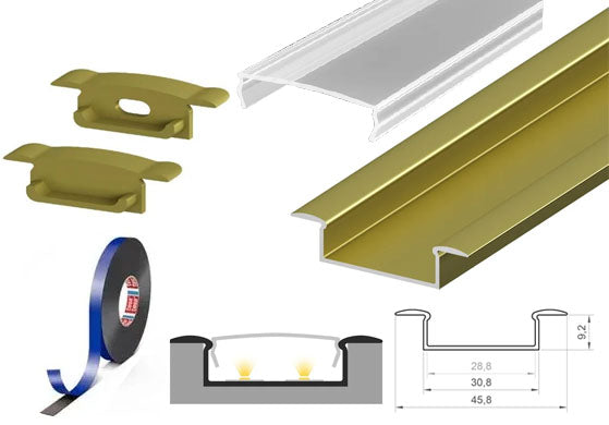(45.8mm x 9.2mm) 2 Metre Recessed Gold/Brass LED Profile P14-1 C/W Clips, End Caps & Clear Cover