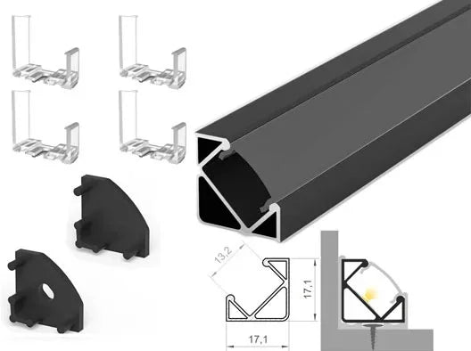 (17mm x 17mm) 2 Metre Surface Corner Black LED Profile P3-1 C/W Clips, End Caps & Black Cover