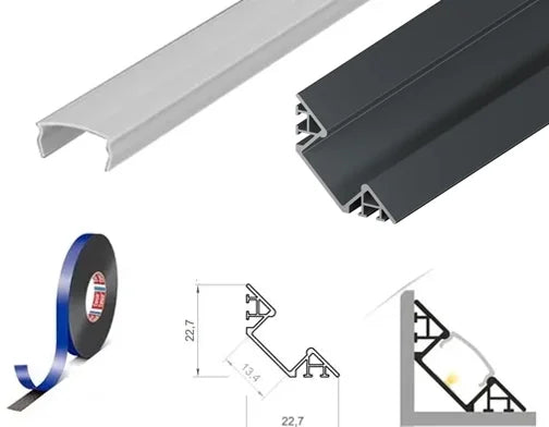 (22.7mm x 22.7mm) 2 Metre Corner Mounted Anthracite Grey LED Profile P7-1 C/W Clips & Opal Cover