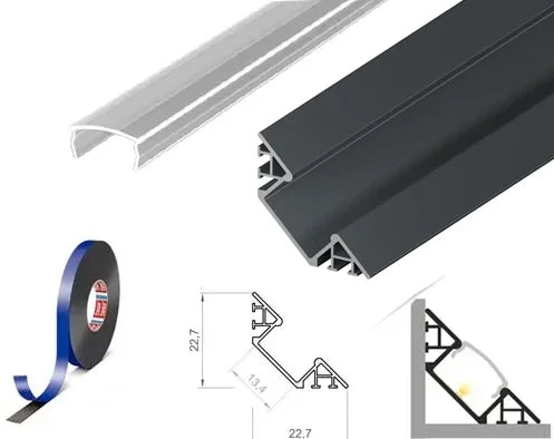 (22.7mm x 22.7mm) 2 Metre Corner Mounted Anthracite Grey LED Profile P7-1 C/W Clips & Clear Cover