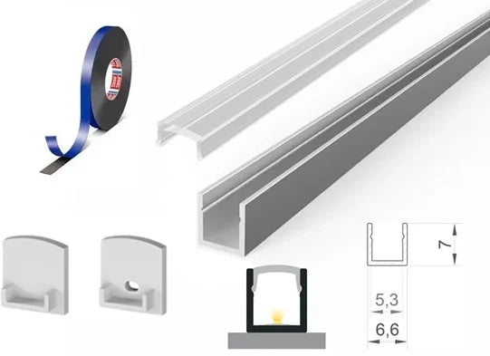 (6.6mm x 7mm) 1 Metre Surface Silver Anodized Aluminium LED Profile P4-4 C/W Tape, End Caps & Clear Cover