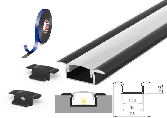 (15mm x 6.2mm) 2 Metre Recessed Black LED Profile P6-1 C/W Clips, End Caps & Opal Cover