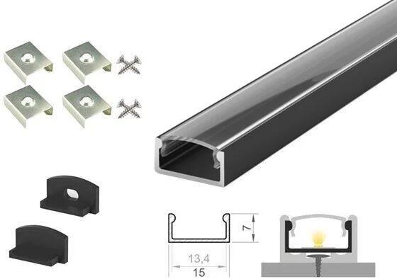 (15mm x 7mm) 2 Metre Recessed/Surface Black LED Profile P4-1 C/W Clips, End Caps & Clear Cover-0