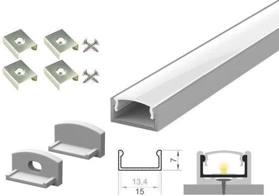 (15mm x 7mm) 2 Metre Recessed/Surface Grey LED Profile P4-1 C/W Clips, End Caps & Opal Cover-0