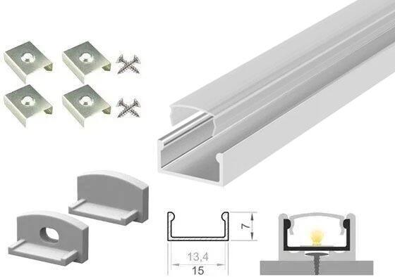 (15mm x 7mm) 2 Metre Recessed/Surface Grey LED Profile P4-1 C/W Clips, End Caps & Clear Cover-0