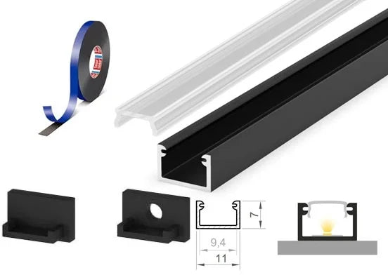 (11mm x 7mm) 1 Metre Surface Black Aluminium LED Profile P4-2 C/W Clips, End Caps & Clear Cover