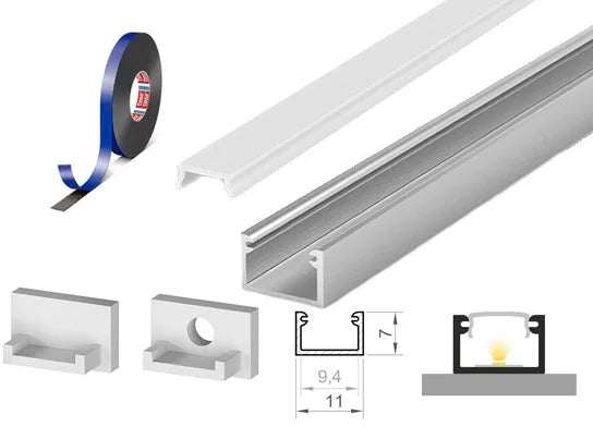 (11mm x 7mm) 1 Metre Surface Silver Anodized Aluminium LED Profile P4-2 C/W Clips, End Caps & Opal Cover