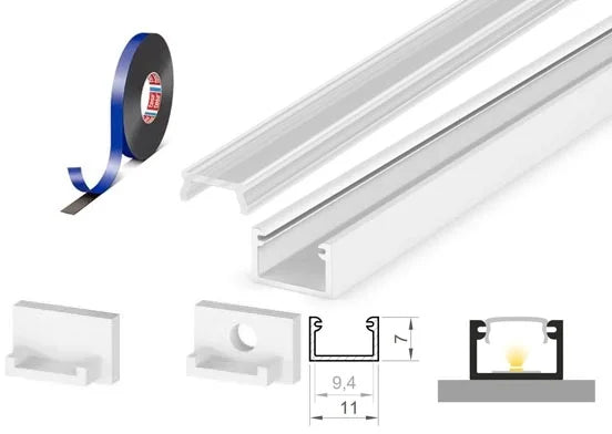 (11mm x 7mm) 1 Metre Surface White Aluminium LED Profile P4-2 C/W Clips, End Caps & Clear Cover