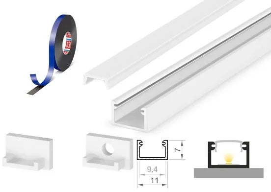 (11mm x 7mm) 1 Metre Surface White Aluminium LED Profile P4-2 C/W Clips, End Caps & Opal Cover