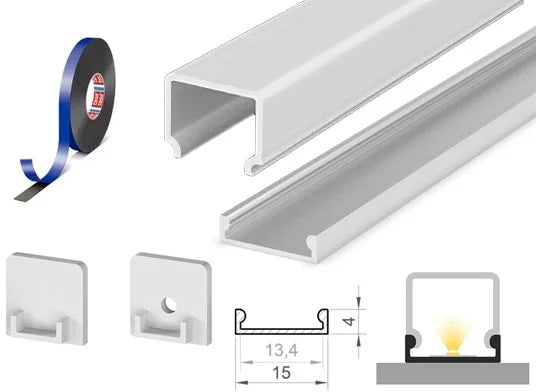 (15mm x 4mm) 1 Metre Surface Silver Aluminium Low-Profile LED Profile P4-3 C/W Clips, End Caps & Opal Cover