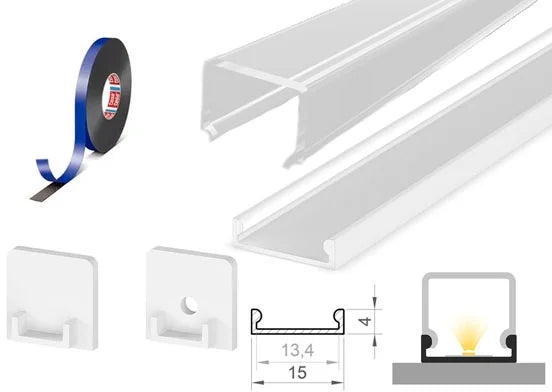 (15mm x 4mm) 1 Metre Surface White Low-Profile LED Profile P4-3 C/W Clips, End Caps & Clear Cover