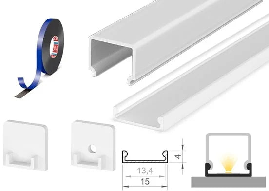 (15mm x 4mm) 1 Metre Surface White Low-Profile LED Profile P4-3 C/W Clips, End Caps & Opal Cover