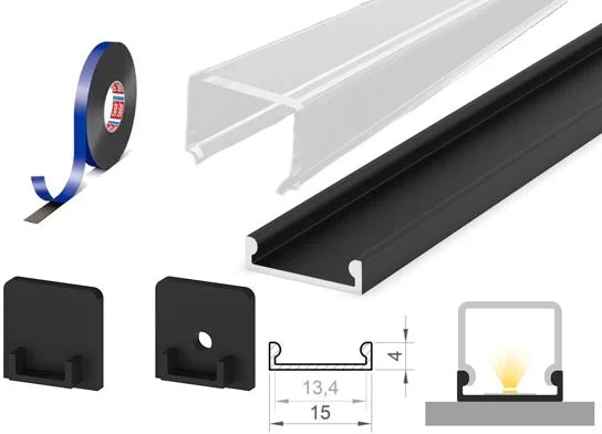 (15mm x 4mm) 1 Metre Surface Black Low-Profile LED Profile P4-3 C/W Clips, End Caps & Clear Cover