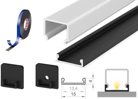 (15mm x 4mm) 1 Metre Surface Black Low-Profile LED Profile P4-3 C/W Clips, End Caps & Opal Cover