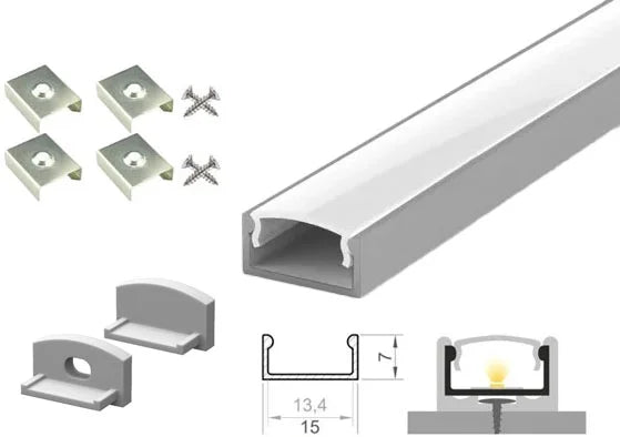 (15mm x 7mm) 1 Metre Surface Aluminium LED Profile P4-1 C/W Clips, End Caps & Opal Cover