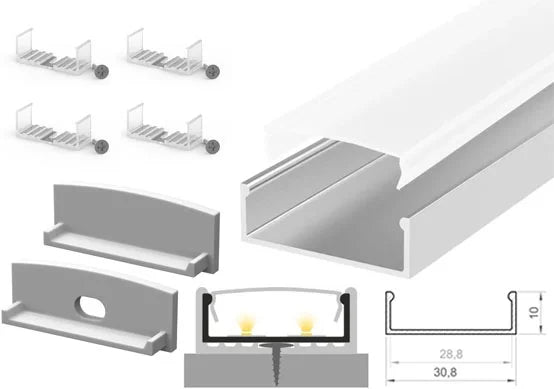 (30.8mm x 10mm) 1 Metre Surface Mounted LED Profile P13-1 C/W Clips, End Caps & Opal Cover