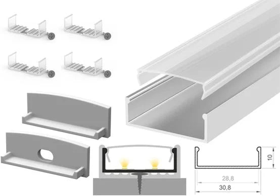 (30.8mm x 10mm) 1 Metre Surface Mounted LED Profile P13-1 C/W Clips, End Caps & Clear Cover