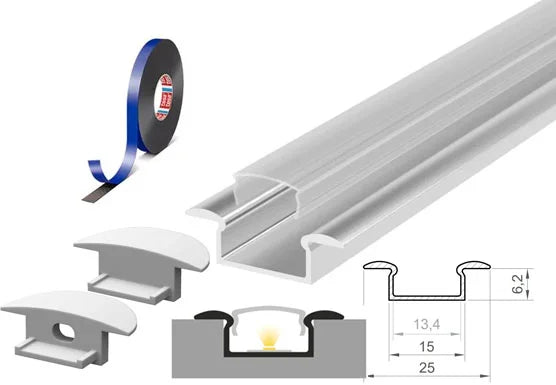 (15mm x 6.2mm) 1 Metre Recessed Aluminium LED Profile P6-1 C/W Clips, End Caps & Clear Cover