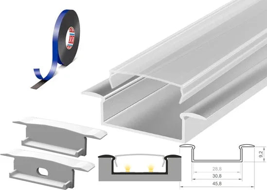 (30.8mm x 9.2mm) 1 Metre Recessed Aluminium LED Profile P14-1 C/W Clips, End Caps & Clear Cover