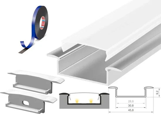 (30.8mm x 9.2mm) 1 Metre Recessed Aluminium LED Profile P14-1 C/W Clips, End Caps & Opal Cover