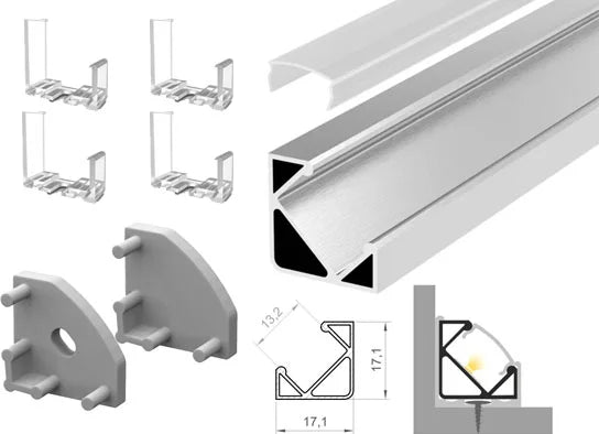 (17mm x 17mm) 1 Metre Surface Corner LED Profile P3-1 C/W Clips, End Caps & Clear Cover