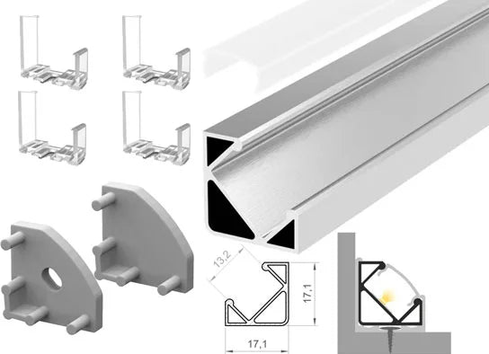 (17mm x 17mm) 2 Metre Surface Corner LED Profile P3-1 C/W Clips, End Caps & Opal Cover