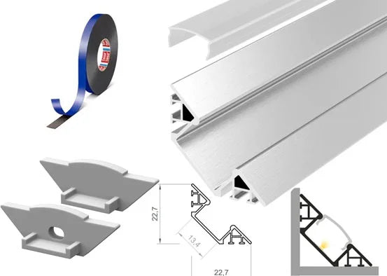 (22.7mm x 22.7mm) 2 Metre Surface Mounted Corner LED Profile P7-1 C/W Clips, End Caps & Clear Cover