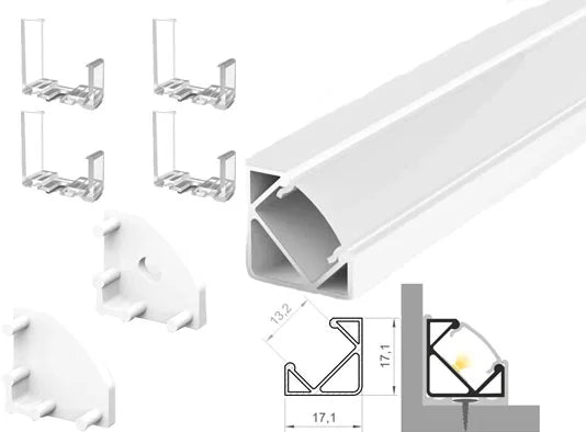 (17mm x 17mm) 2 Metre Surface Corner White LED Profile P3-1 C/W Clips, End Caps & Opal Cover