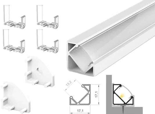 (17mm x 17mm) 2 Metre Surface Corner White LED Profile P3-1 C/W Clips, End Caps & Clear Cover