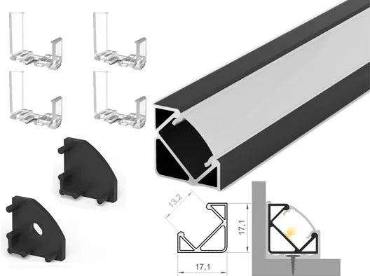 (17mm x 17mm) 1 Metre Surface Corner Black LED Profile P3-1 C/W Clips, End Caps & Opal Cover