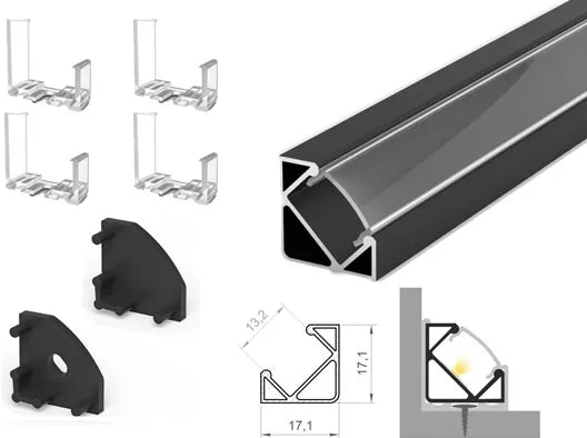 (17mm x 17mm) 1 Metre Surface Corner Black LED Profile P3-1 C/W Clips, End Caps & Clear Cover