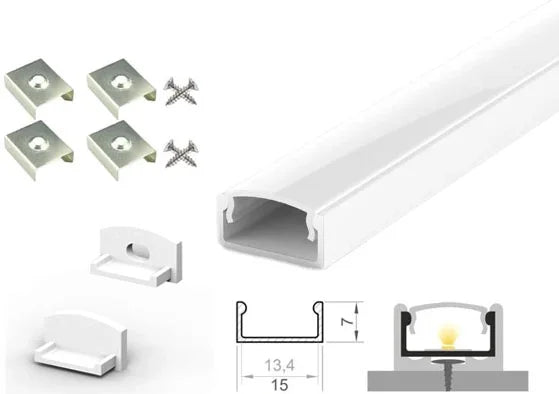 (15mm x 7mm) 1 Metre Surface White LED Profile P4-1 C/W Clips, End Caps & Opal Cover