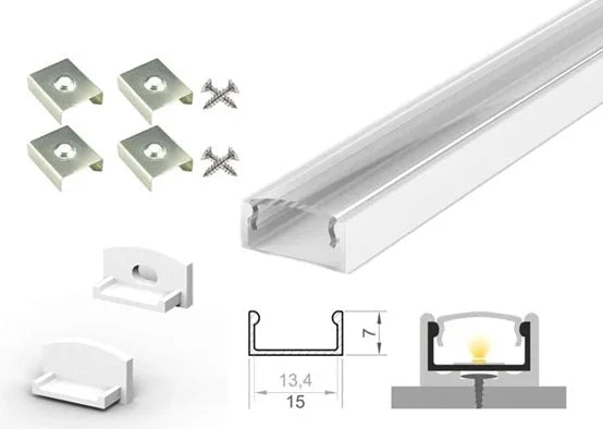 (15mm x 7mm) 1 Metre Surface White LED Profile P4-1 C/W Clips, End Caps & Clear Cover