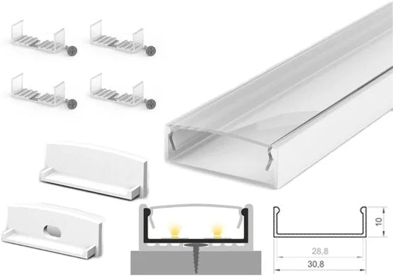 (30.8mm x 10mm) 1 Metre Surface Mounted White LED Profile P13-1 C/W Clips, End Caps & Clear Cover