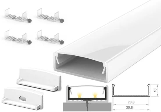 (30.8mm x 10mm) 1 Metre Surface Mounted White LED Profile P13-1 C/W Clips, End Caps & Opal Cover