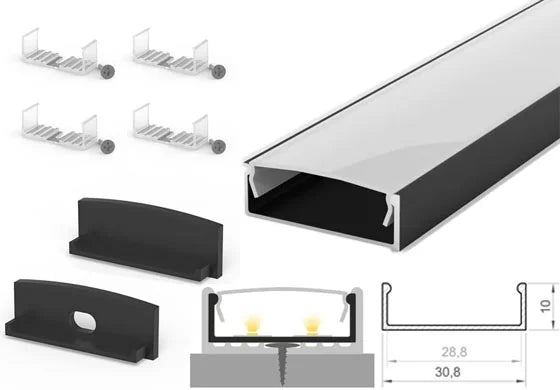 (30.8mm x 10mm) 1 Metre Surface Mounted Black LED Profile P13-1 C/W Clips, End Caps & Opal Cover