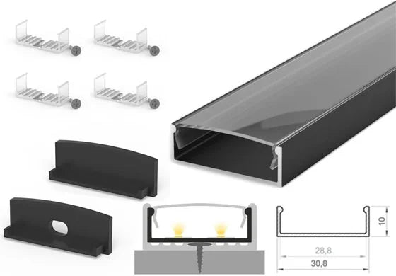 (30.8mm x 10mm) 1 Metre Surface Mounted Black LED Profile P13-1 C/W Clips, End Caps & Clear Cover