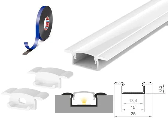 (15mm x 6.2mm) 1 Metre Recessed White LED Profile P6-1 C/W Clips, End Caps & Opal Cover