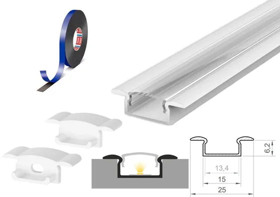 (15mm x 6.2mm) 1 Metre Recessed White LED Profile P6-1 C/W Clips, End Caps & Clear Cover