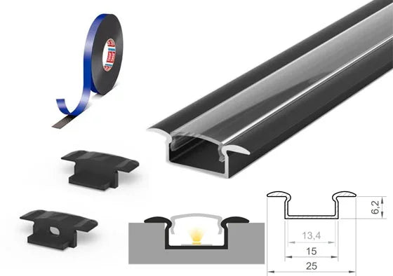 (15mm x 6.2mm) 1 Metre Recessed Black LED Profile P6-1 C/W Clips, End Caps & Clear Cover