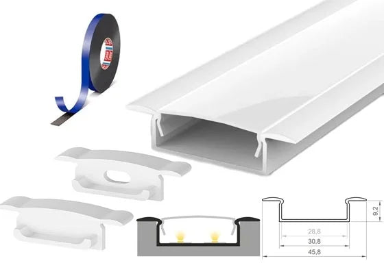 (30.8mm x 9.2mm) 2 Metre Recessed White LED Profile P14-1 C/W Clips, End Caps & Opal Cover