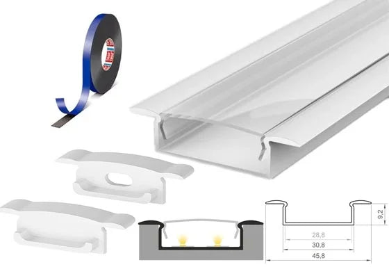 (30.8mm x 9.2mm) 1 Metre Recessed White LED Profile P14-1 C/W Clips, End Caps & Clear Cover