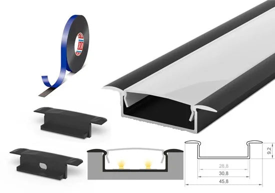 (30.8mm x 9.2mm) 1 Metre Recessed Black LED Profile P14-1 C/W Clips, End Caps & Opal Cover